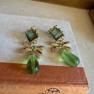 Vintage Green and Gold Bow Drop Earrings- chic dress top quality “easy clip-on”